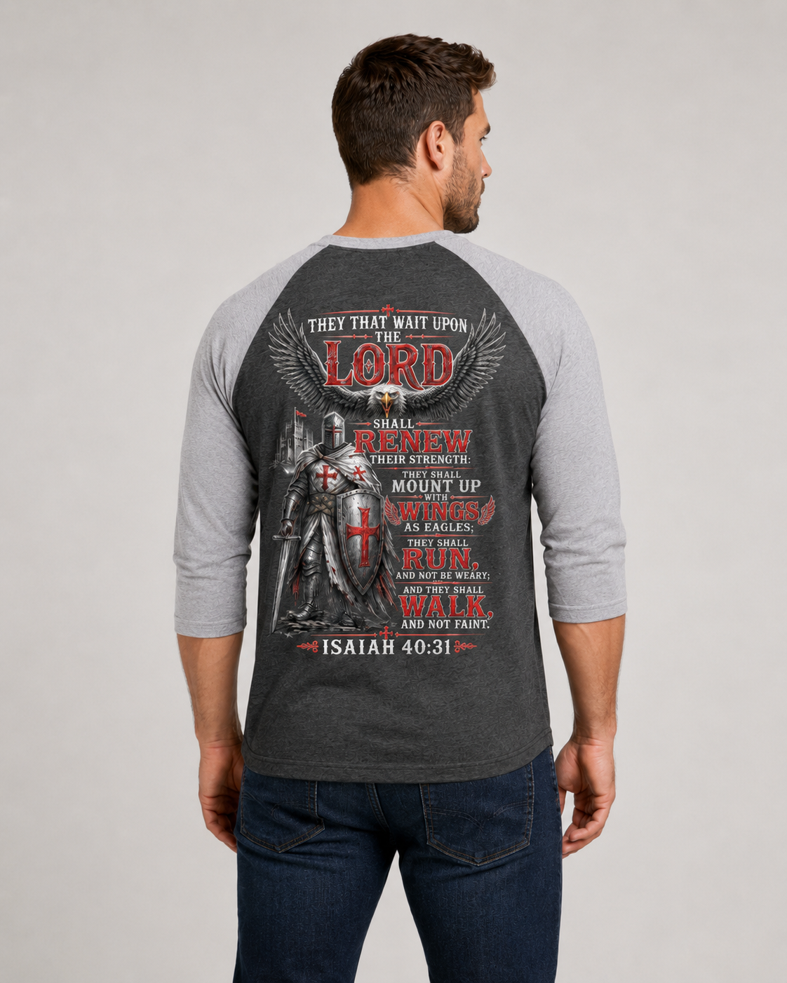 Crusaders Raglan Tee — Isaiah 40:31 Christian Baseball Shirt